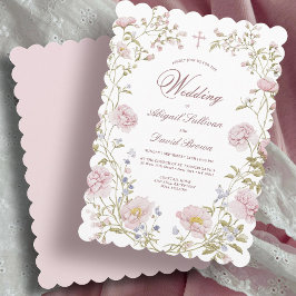 Bröllopskort Blush Floral Ram Religiöst Inbjudningar