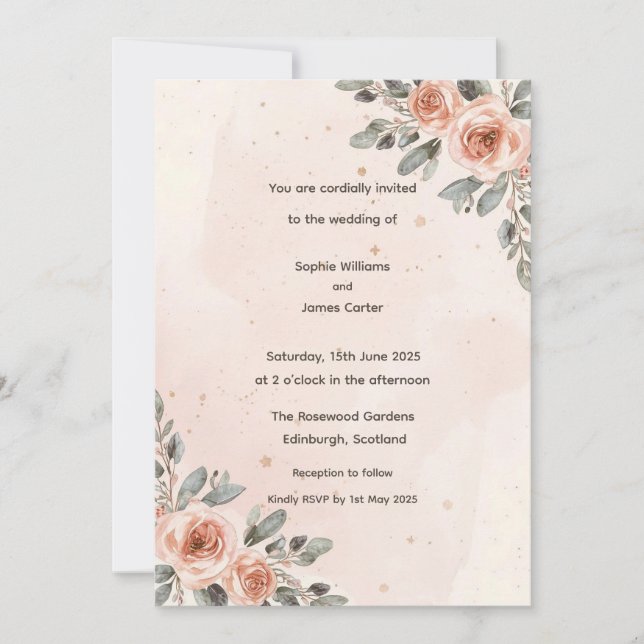 Bröllopskort Blush Rose Floral Watercolour Inbjudningar (Framsida)