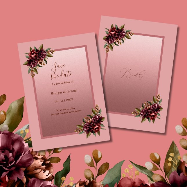 Bröllopskort Blush Rose Gold Blommig Spara Datum Inbjudningar (Skapare uppladdad)
