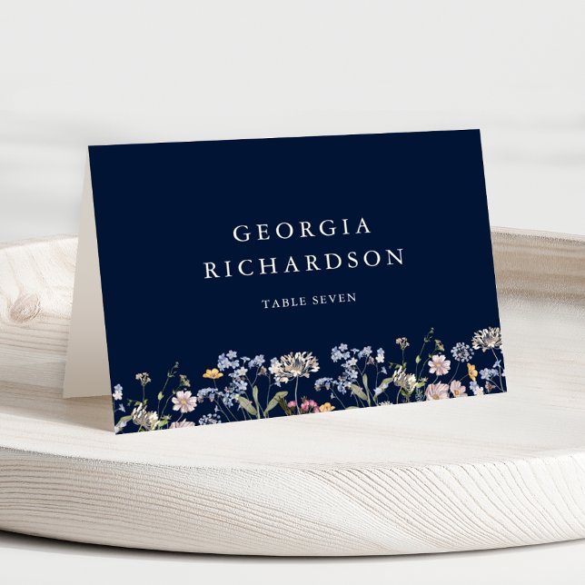 Bröllopskort för marinsolrosblommor bordsnummer (Navy Wildflower Meadow Garden Wedding Place Card)