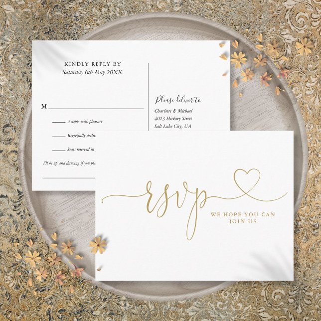Bröllopskort för sångförfrågan med guldhjärtas skr inbjudan vykort (Gold Heart Script Wedding Song Request RSVP Card)