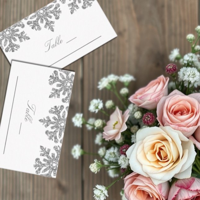 Bröllopskort för silver Snöflingor under vinter Placeringskort (Skapare uppladdad)