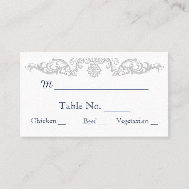 Bröllopskort för silver White och Navy Damask Placeringskort (Framsida)