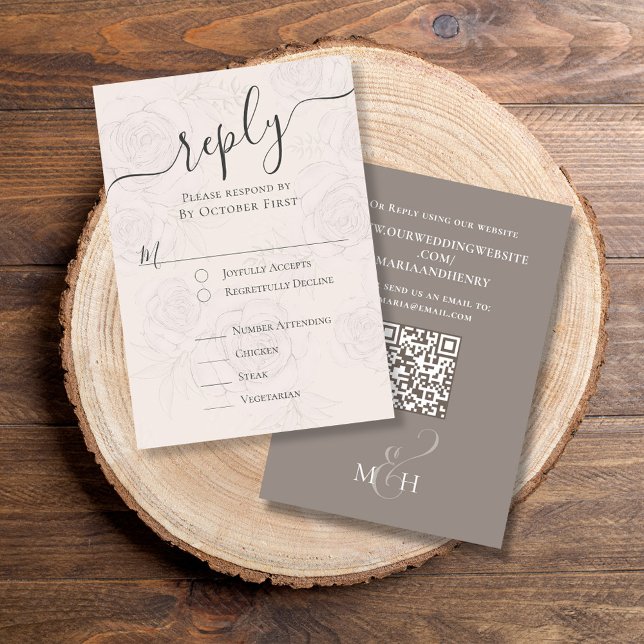 Bröllopskort för svar med måltidsval i rosenskifta (Classic RSVP card with elegant blush floral design with classic meal choice )