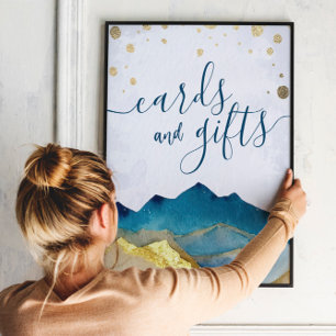 Bröllopskort ger Watercolor Blue Guld bergen Poster