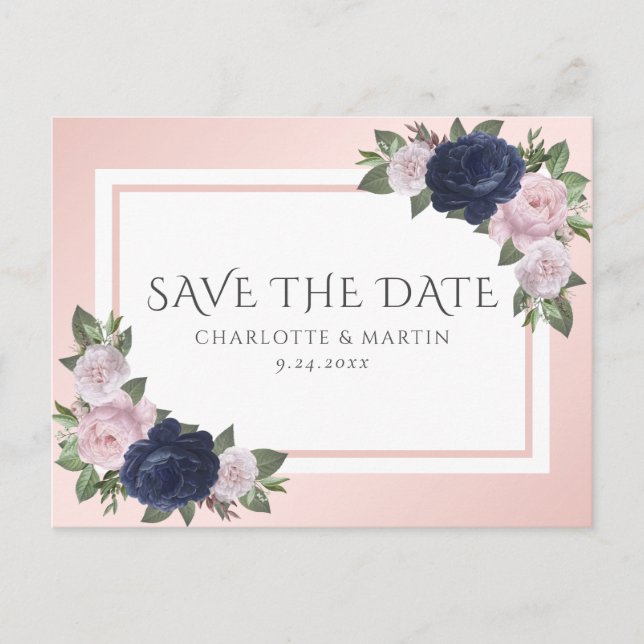 Bröllopskort Marinblå Rosa Blommig Save The Date Meddelande Vykort (Framsida)