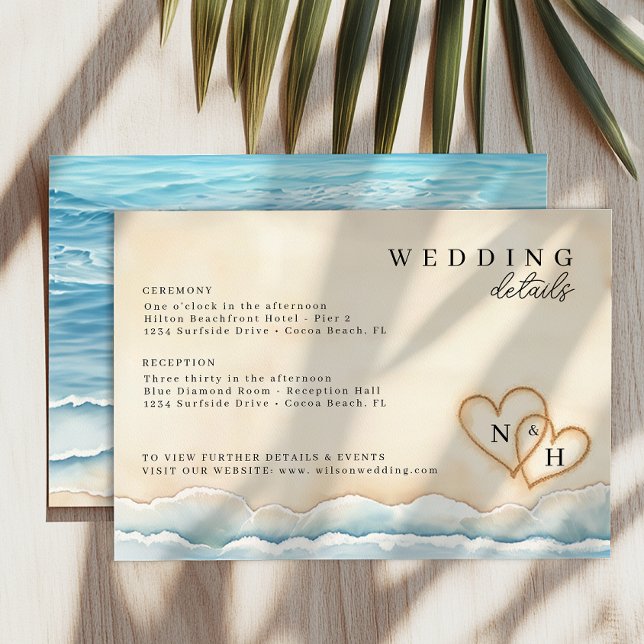 Bröllopskort med akvarellhjärtan för strandbröllop tilläggskort (Wedding Details Enclosure Card)