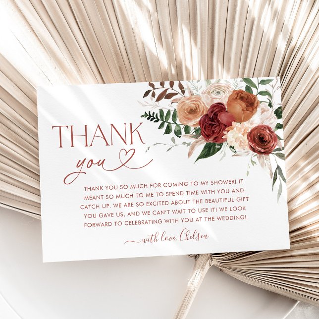 Bröllopskort med Blommig Tack-kort för Höstens Brö Tack Kort (Fall in Love Bridal Shower Thank You card with fall color flowers)