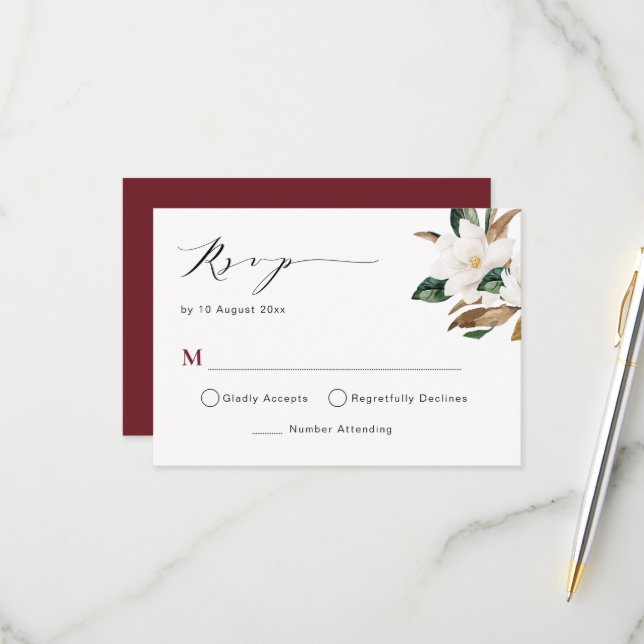 bröllopskort med burgunderfärgade magnolior OSA kort (Fram/Back In Situ)