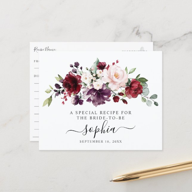 Bröllopskort med Floral Burgundy Blush Bridal Show (Fram/Back In Situ)