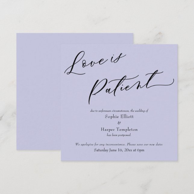 Bröllopskort med lila och 'Love is Patient' Inbjudningar (Fram/baksida)