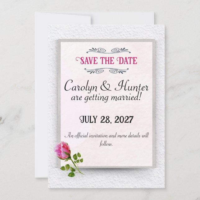 Bröllopskort med rosa knopp för Save the Date Spara Datumet (Framsida)