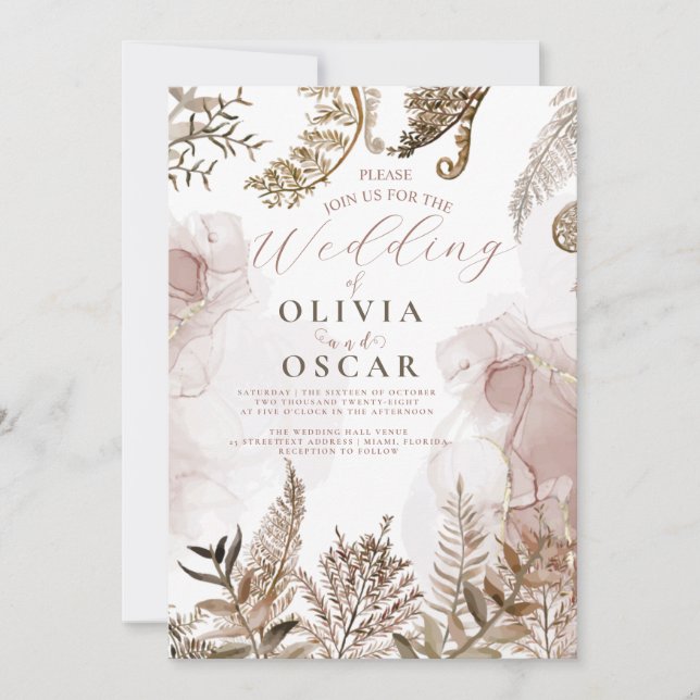 Bröllopskort med rosa och guld Pampasgräs blommor Inbjudningar (Framsida)