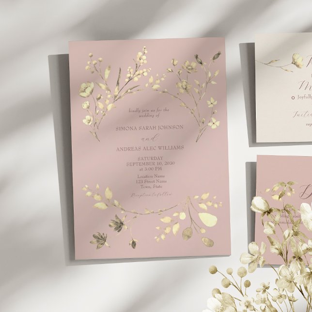 Bröllopskort med roséguld och vilda blommor inbjudningar (Skapare uppladdad)