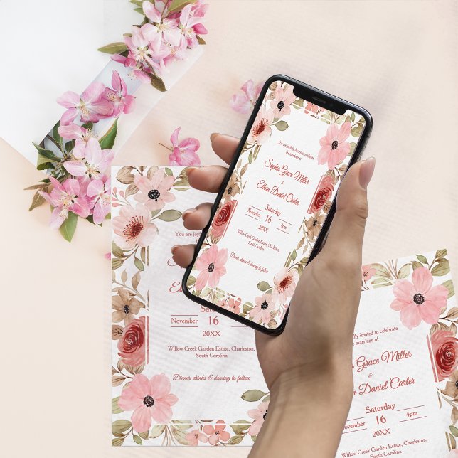 Bröllopskort med rosenskära blomsterträdgårdskant inbjudningar (Blush Floral Garden Border Wedding Invitation)