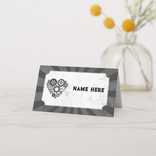 Bröllopskort Namn Steampunk Bröllop Hearts Cogs Placeringskort (Framsida)