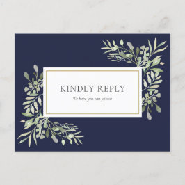 Bröllopskort Navy Blue Greenery RSVP Postcard Inbjudan Vykort