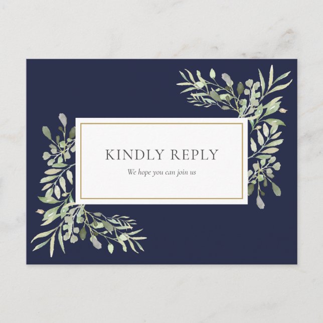 Bröllopskort Navy Blue Greenery RSVP Postcard Inbjudan Vykort (Framsida)
