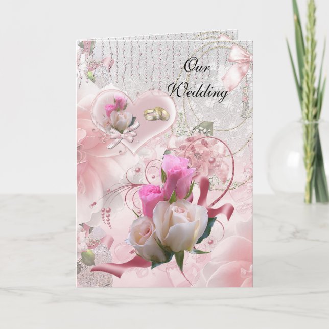 Bröllopskort Rosa Blommor Ringar Inbjudan (Framsida)