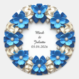 Bröllopskrans av gnistrande blå blommor runt klistermärke