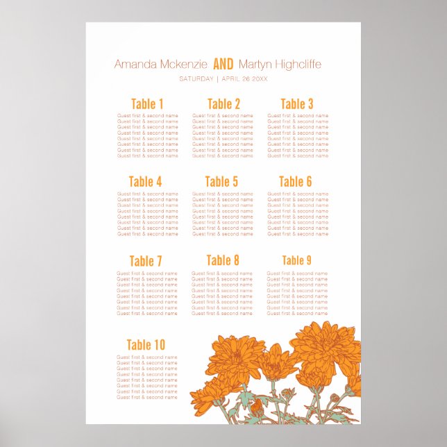 Bröllopskrysantemum orange blomsterkonst bord plan poster (Framsidan)