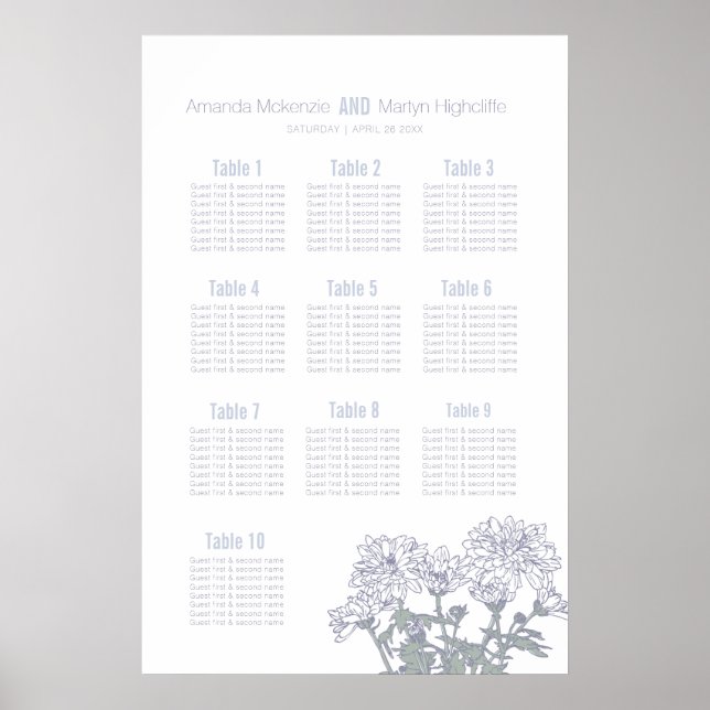 Bröllopskrysantemum vit tecknad konst bord plan poster (Framsidan)