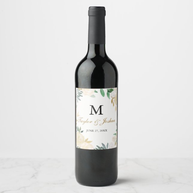Bröllopslapp för vin med monogram och lagerkrans i vinflaska etikett (Framsida)