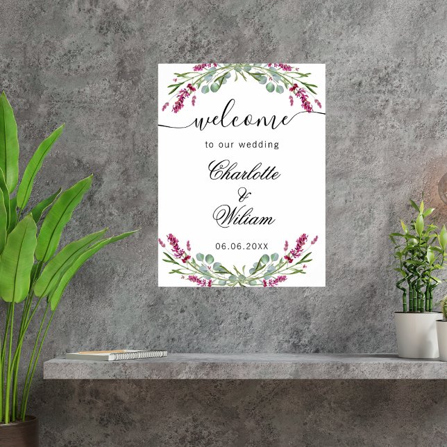 Bröllopslavendel rosa eukalyptus grönska välkommen poster (Skapare uppladdad)