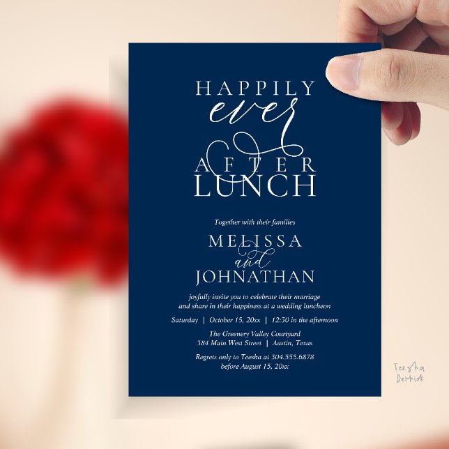 Bröllopslunchinbjudningar, Elegant Lycklig För Evi Inbjudningar (Wedding Lunch Invites, Elegant Happily Ever After Invitation Card in Navy Blue)