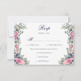 Bröllopsmåltid med rosa och marinblå blommor och g OSA kort