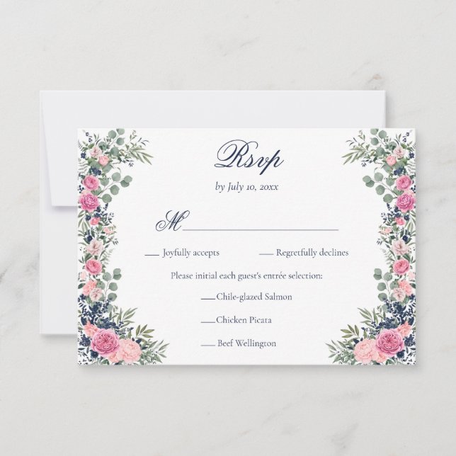 Bröllopsmåltid med rosa och marinblå blommor och g OSA kort (Framsida)