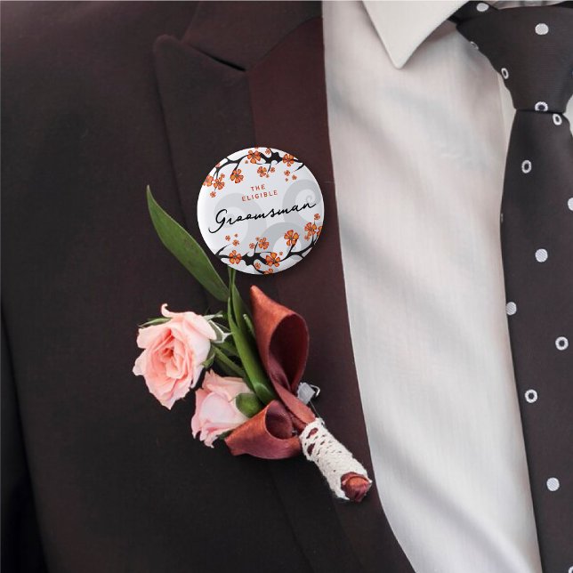 BRÖLLOPSMAN Tropiska blommor Virvlar Bröllop Namns Knapp (GROOMSMAN Hibiscus Fusion / Tropical Flowers Swirls Wedding Name Tag Pinback Button @ fat_fa_tin)