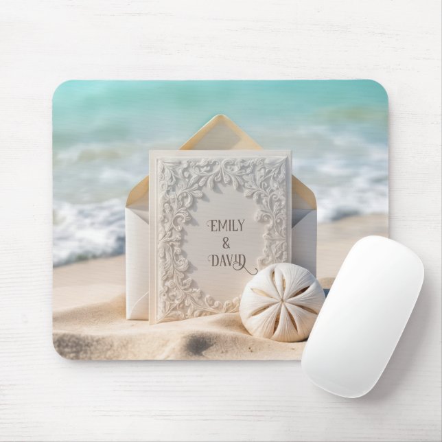 Bröllopsmaterial med sanddollar från stranden musmatta (Med mus)