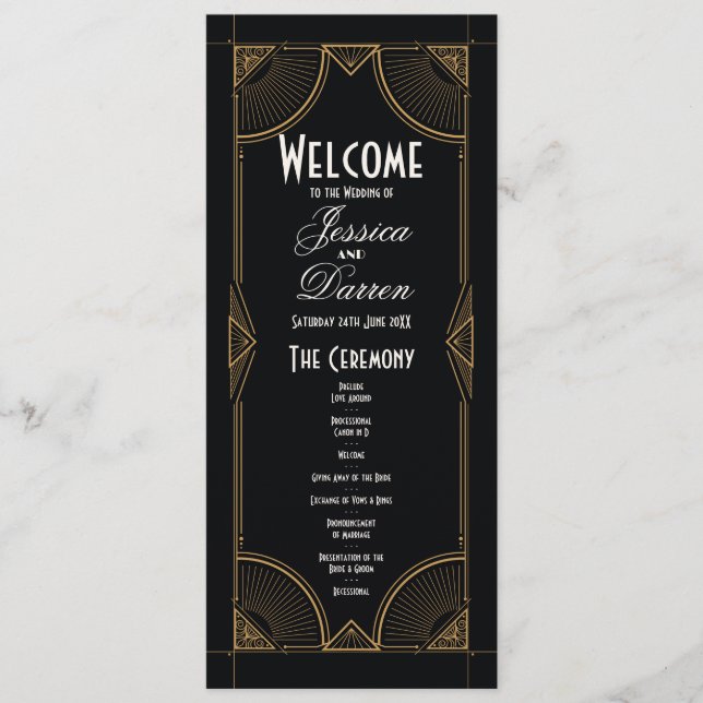 Bröllopsmeny 1920 Ceremoni Art Deco Detaljer Program (Framsida)