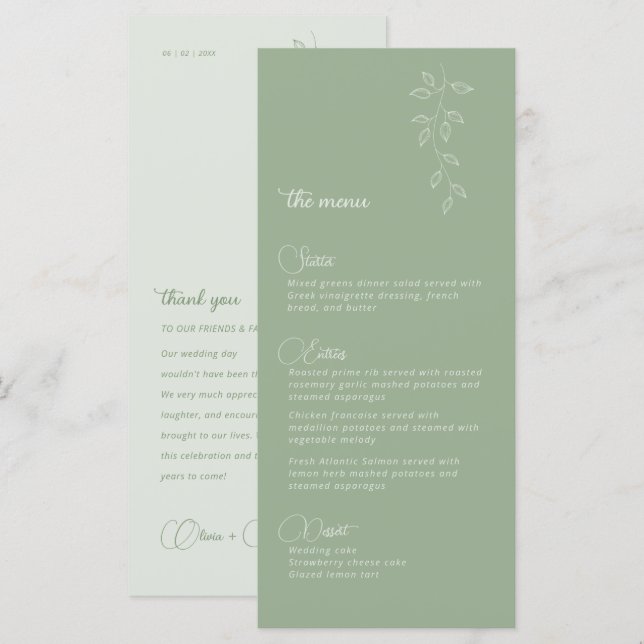 Bröllopsmeny Botanik & Salvia Grön Meny (Fram/baksida)