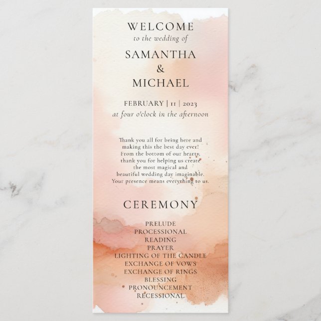 Bröllopsmeny Cool RoseGold Watercolor Välkommen Meny (Framsida)