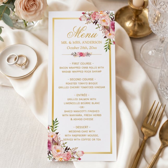 Bröllopsmeny Elegant Chic Guld Ram Blommig Meny (Skapare uppladdad)