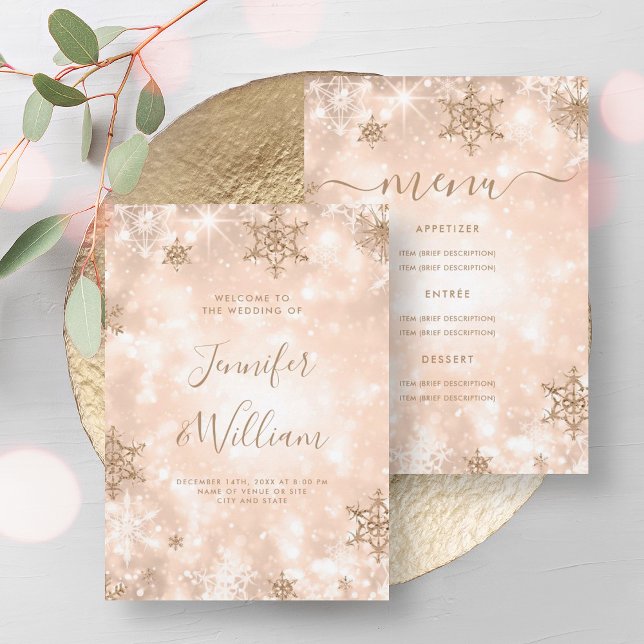 Bröllopsmeny för den framtida Gnistran Ro Guld Inbjudningar (Festive Sparkle Rose Gold Winter Wedding Menu Invitation)