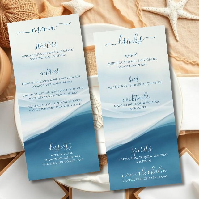 Bröllopsmeny för middag och bar Serene Blue Beach Meny (Wedding Dinner and Bar Menu Serene Blue Beach Wedding)