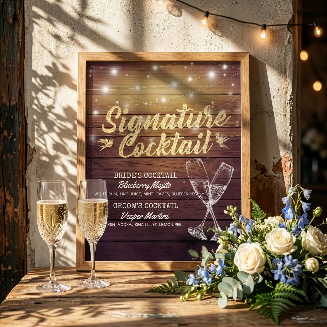 Bröllopsmeny för signaturdryck champagneglas i trä poster (Skapare uppladdad)