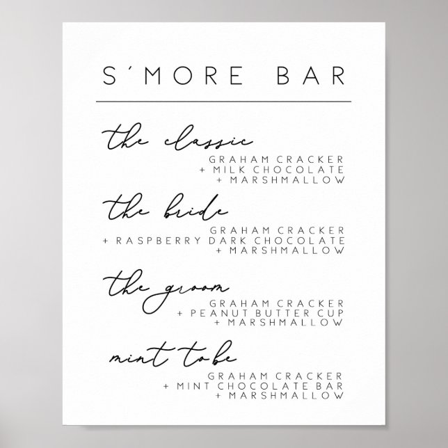 Bröllopsmeny för S'more Bar-skylt, Smore-receptaff Poster (Framsidan)