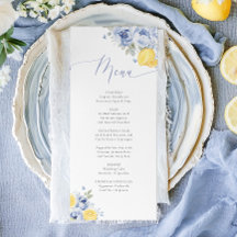 Bröllopsmeny Kort Lemon Blue Floral