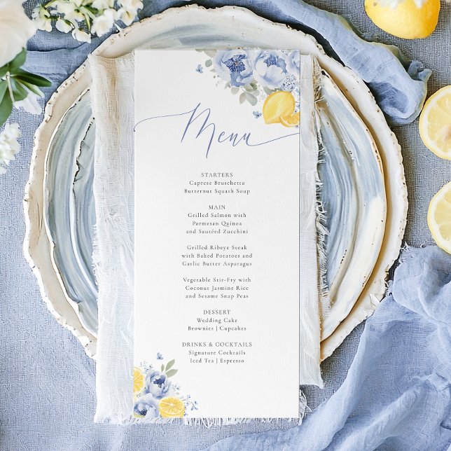 Bröllopsmeny Kort Lemon Blue Floral (Skapare uppladdad)