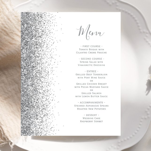 Bröllopsmeny med budget vit silverglitterkant (Skapare uppladdad)