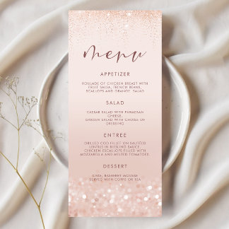 Bröllopsmeny med rosa glitter i roséguld meny