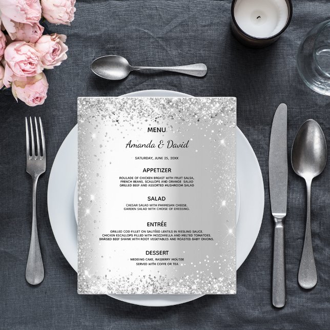 Bröllopsmeny silver glitter gnistrar budget flygblad (Skapare uppladdad)
