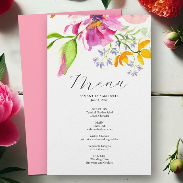 Bröllopsmenyer med vattenfärg rosa blommor på budg flygblad (Wedding menu watercolor pink and orange flowers by Victoria Grigaliunas of Do Tell A Belle)