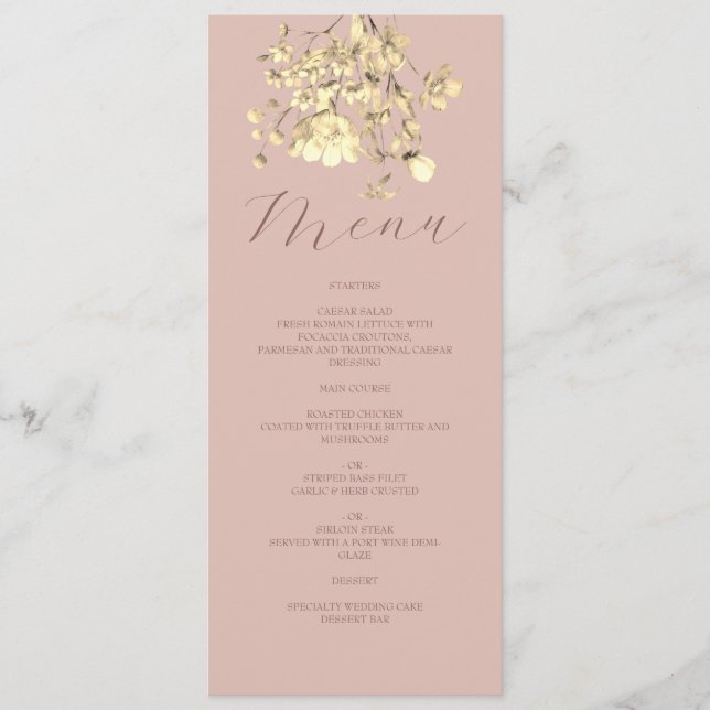 Bröllopsmenykort i roséguld med blommor meny (Framsida)