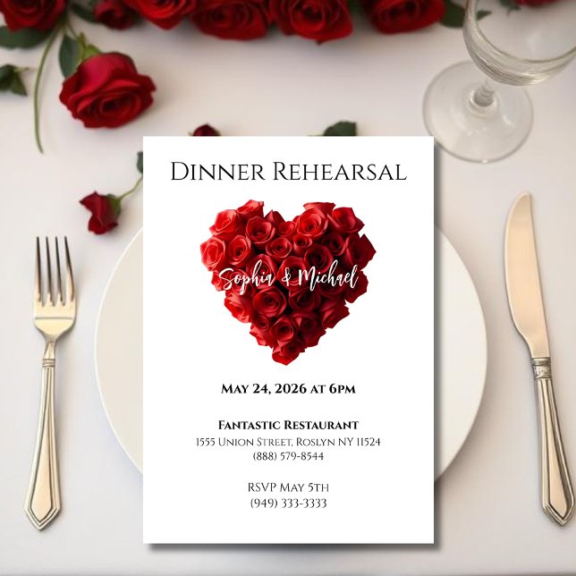 Bröllopsmiddag Generalrepetition - Hjärtformade rö Inbjudningar (Wedding Dinner Rehearsal-Heart Shaped Red Roses- Invitation)