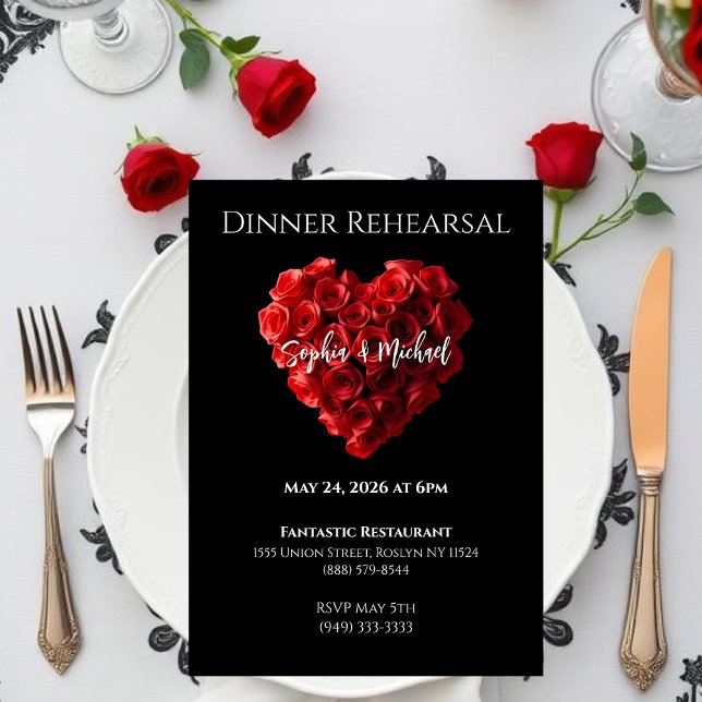 Bröllopsmiddag Generalrepetition - Hjärtformade rö Inbjudningar (Wedding Dinner Rehearsal-Heart Shaped Red Roses- Invitation)